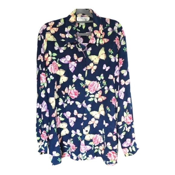 Amanda Tops - Butterfly Button Down Washable Silk Shirt